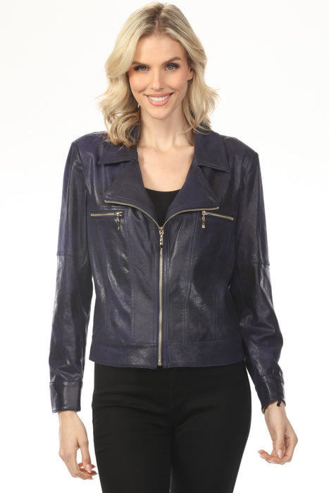Woman wearing dark blue vegan leather moto jacket with zip-up front from Insight New York