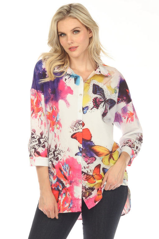 Jane & John by Tricotto Style J-282 White/Multi Embellished Butterfly Print Button-Down Tunic Top Blouse