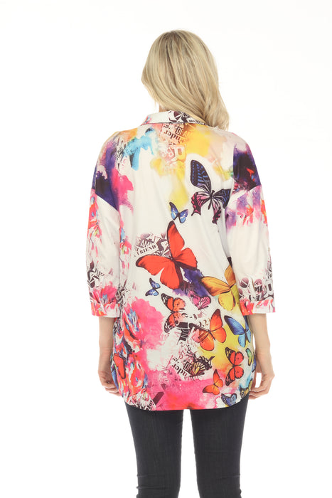 Jane & John by Tricotto White/Multi Embellished Butterfly Print Button-Down Tunic Top Blouse J-282