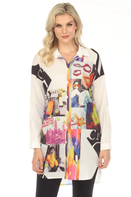 Jane & John by Tricotto Style J-281 White/Multi Embellished Printed Button-Down Tunic Top Blouse