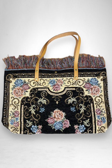 Jijou Capri Style JC0321 Black Tapestry Leather Double Handle Handbag