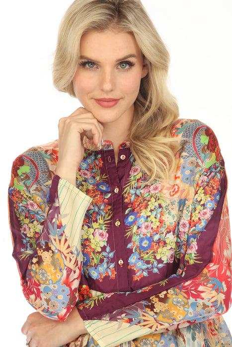 Johnny Was Adalena Derive Silk Floral Long Sleeve Blouse Boho Chic C16023