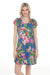 Woman wearing a blue floral and tropical printed sleep dress with cap sleeves from Johnny Was