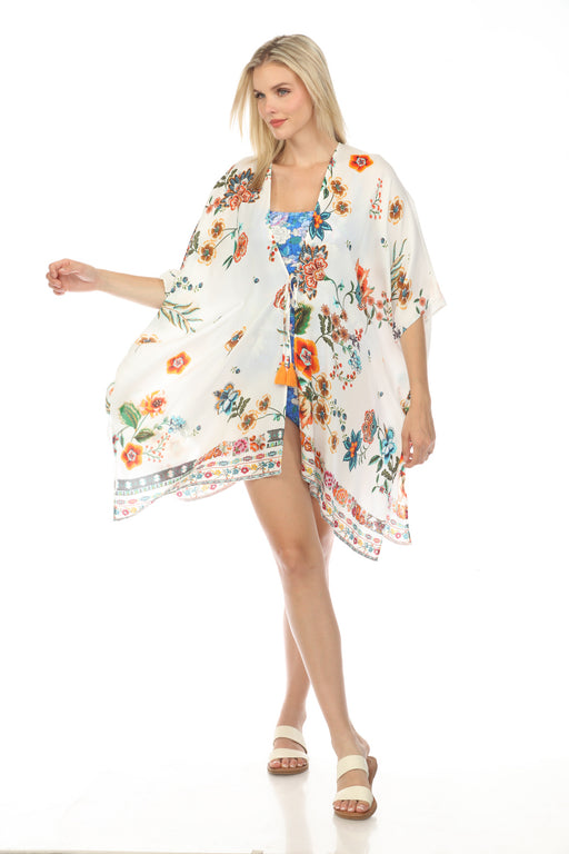 Johnny Was Style CSW3623-M White Ardella Floral Swim Cover-Up Kimono Boho Chic