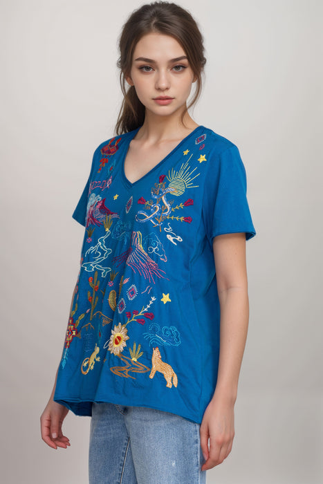 Johnny Was Blue Arizona Embroidered Everyday Tee R16423