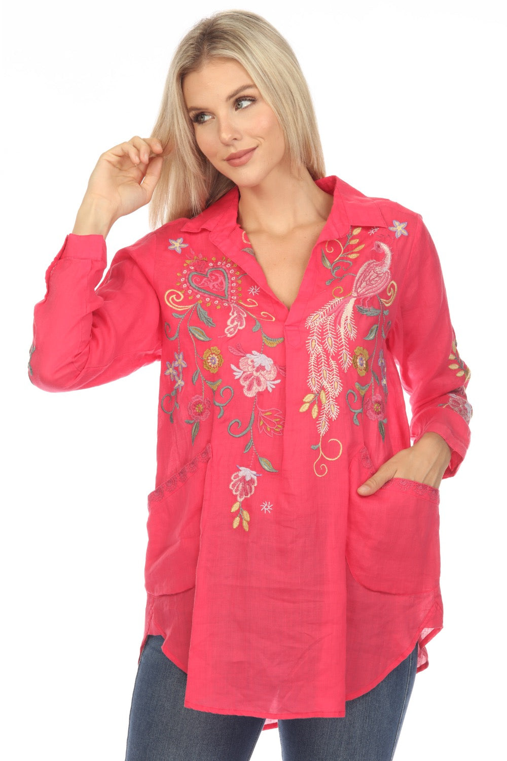 Johnny Was Workshop Ashlee Henley Popover Embroidered Tunic Top Boho C ...