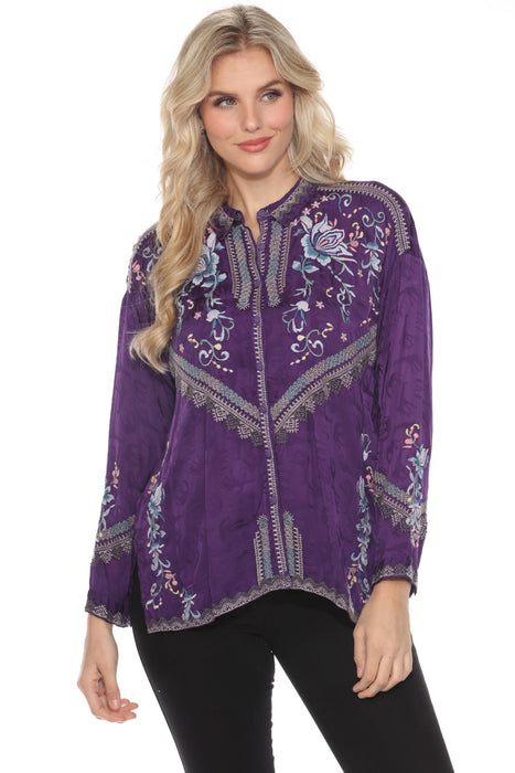 Johnny Was Style C16824 Violet Audrey Embroidered Button-Down Shirt