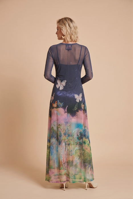 Johnny Was Aurelius Mesh Crew Neck Long Sleeve Maxi Dress Slip R36925-9