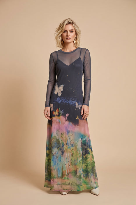Johnny Was Aurelius Mesh Crew Neck Long Sleeve Maxi Dress Slip R36925-9