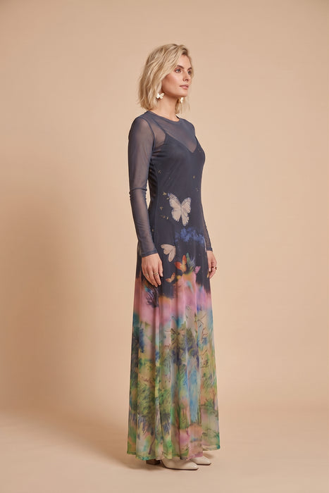 Johnny Was Aurelius Mesh Crew Neck Long Sleeve Maxi Dress Slip R36925-9