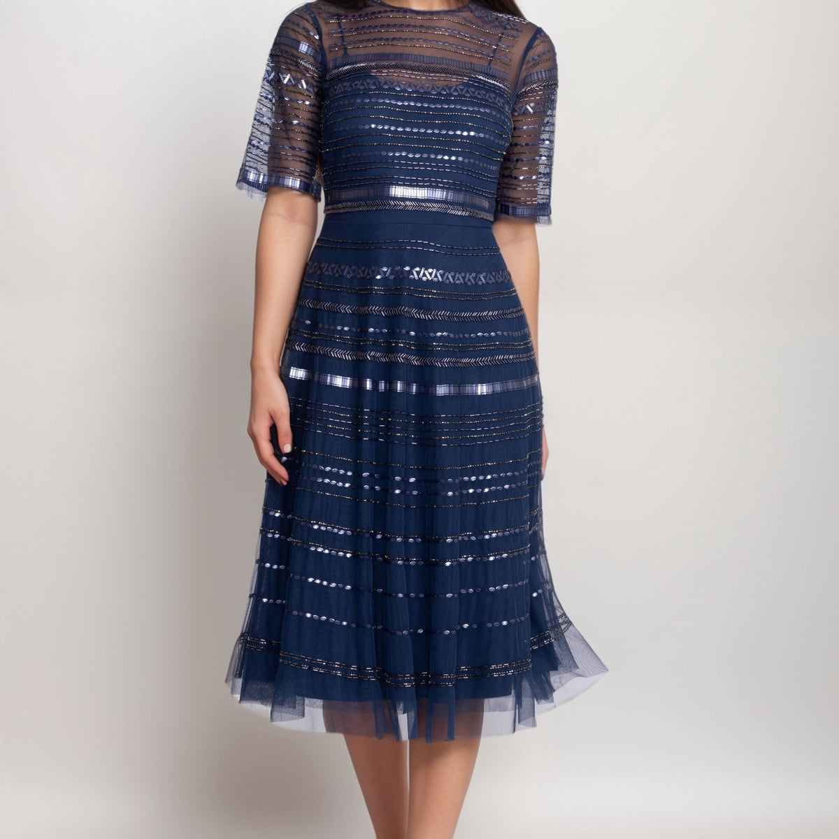 Johnny Was Navy Bead Fest Mesh Dress R35924
