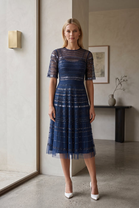 Johnny Was Navy Bead Fest Mesh Dress R35924