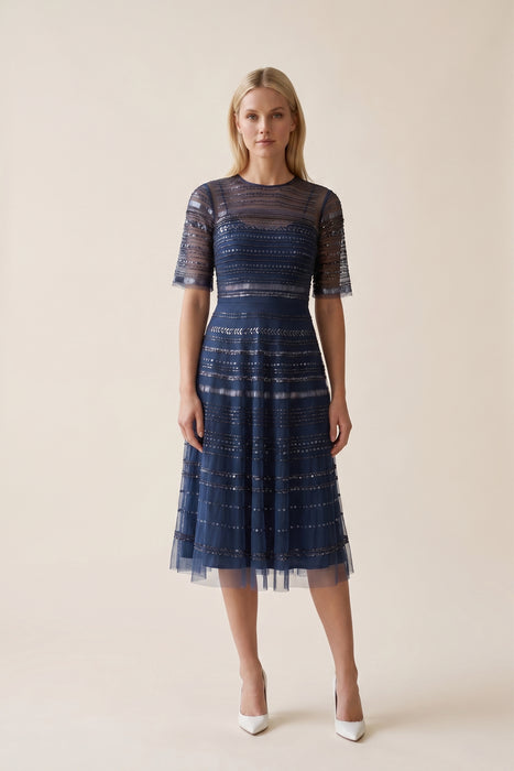 Johnny Was Navy Bead Fest Mesh Dress R35924