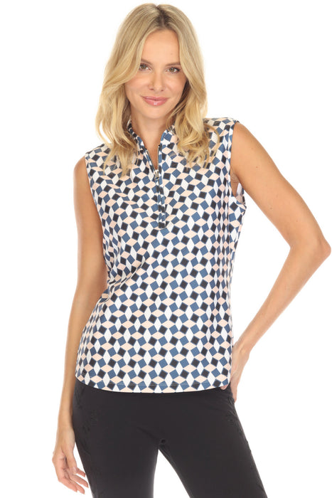 Woman wearing a sleeveless geometric patterned tank top with quarter zip from Johnny Was