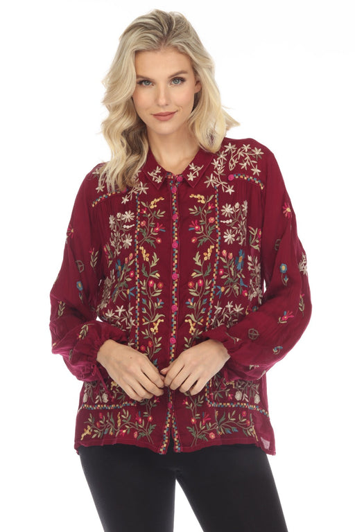 Johnny Was Style C16922 Beet Bethan Embroidered Button Front Blouse Boho Chic