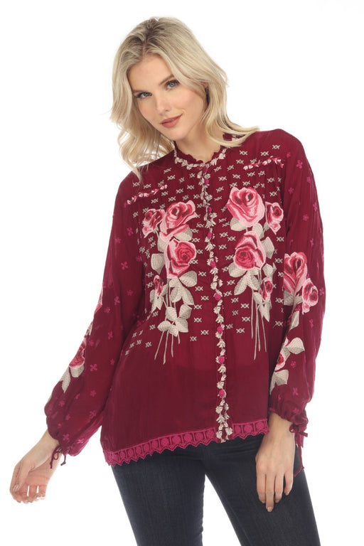 Johnny Was Style C17022 Beet Rosalia Floral Embroidered Long Sleeve Blouse Boho Chic