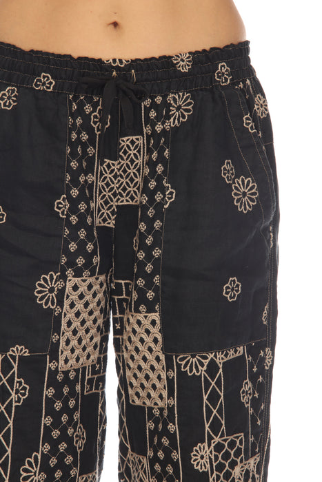 Johnny Was Biya Black Linen Embroidered Pull On Pants Boho Chic B66023A2 NEW