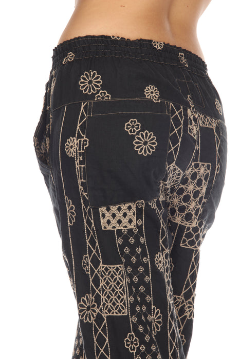Johnny Was Biya Black Linen Embroidered Pull On Pants Boho Chic B66023A2