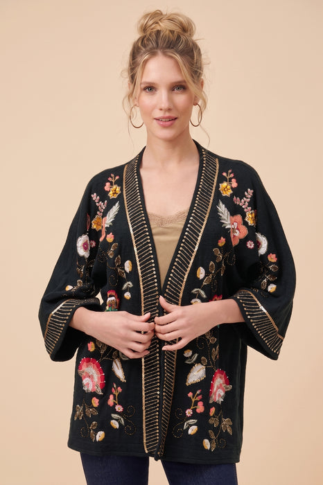 Johnny Was Biya Black Lowri Floral 3/4 Sleeve Short Kimono C56325-O