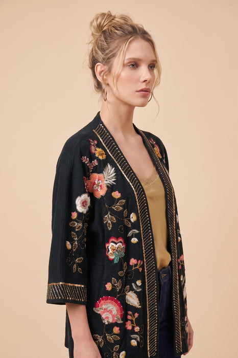 Johnny Was Biya Black Lowri Floral 3/4 Sleeve Short Kimono C56325-O