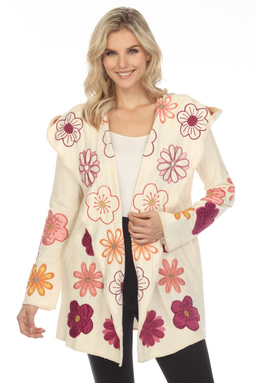 Johnny Was Biya Style B52923 Blossom Applique Open Front Hoodie Boho Chic