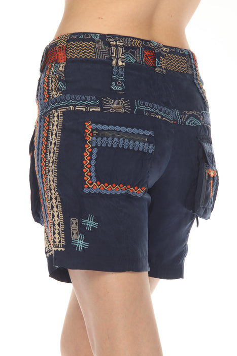 Johnny Was Biya Blue Night Provenza Embroidered Belted Cargo Shorts Boho Chic B80423