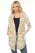 Woman wearing a floral embroidered beige cardigan with front pockets and hoodie from Johnny Was