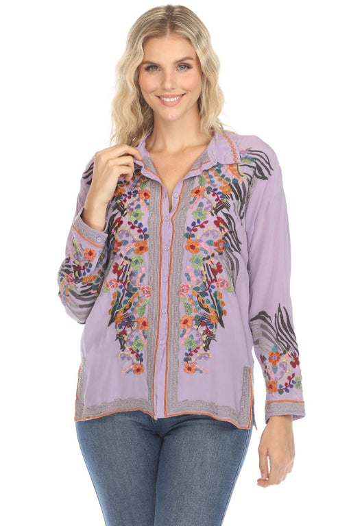 Johnny Was Biya Style B16724-E Lavender The Audrey Oversized Silk Embroidered Blouse
