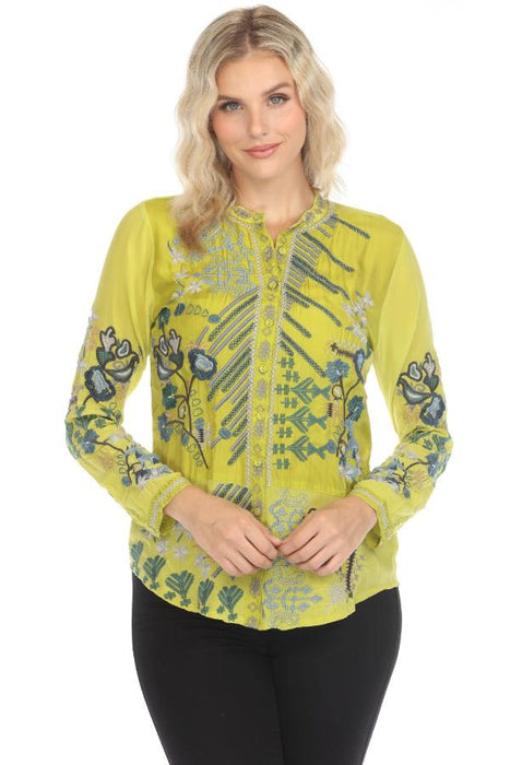 Johnny Was Biya Style B16624-E Lime Sirisha Embroidered Silk Blouse