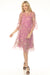 Woman wearing a pink printed mesh dress with floral embroidery from Johnny Was