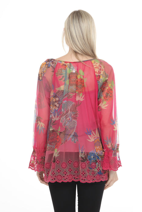 Johnny Was Biya Pink Mazzy Mesh Peasant Blouse B14824-5D
