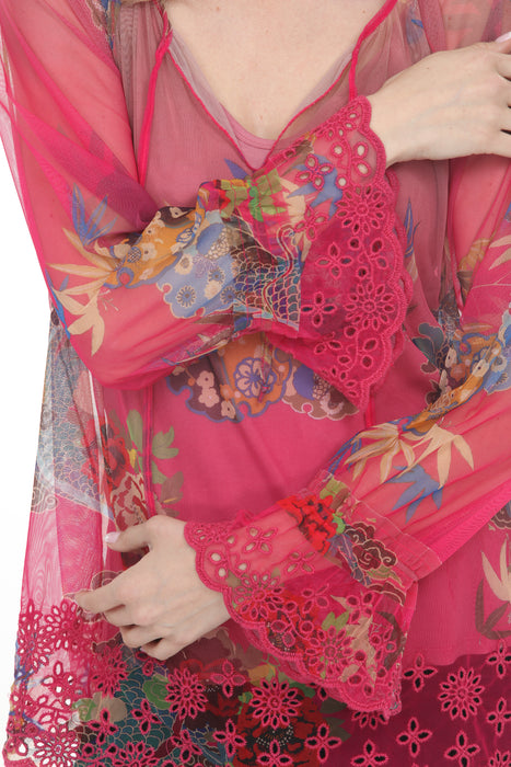Johnny Was Biya Pink Mazzy Mesh Peasant Blouse B14824-5D