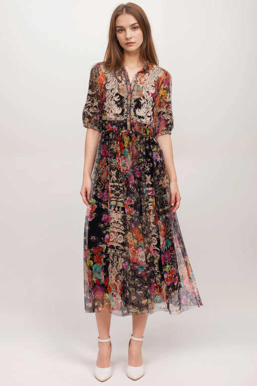 Johnny Was Biya Style B32724-8 Mazzy Mesh Midi Shirt Dress