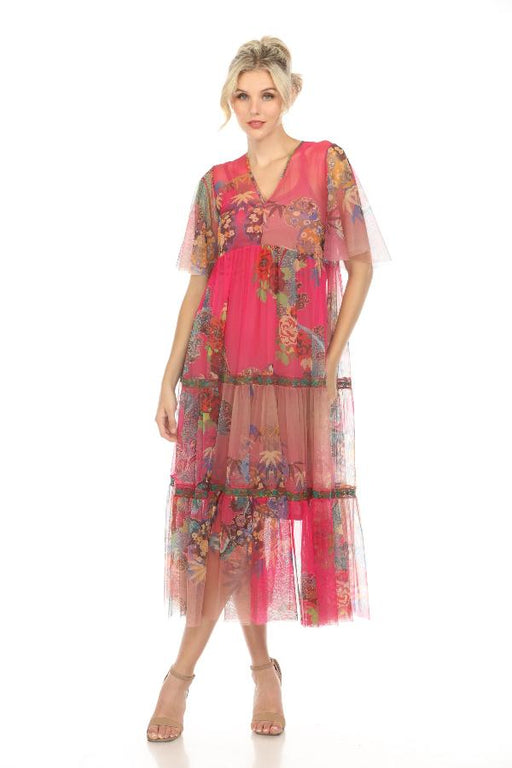 Johnny Was Biya Style B31724 Mazzy Tiered Floral Mesh Midi Dress Boho Chic