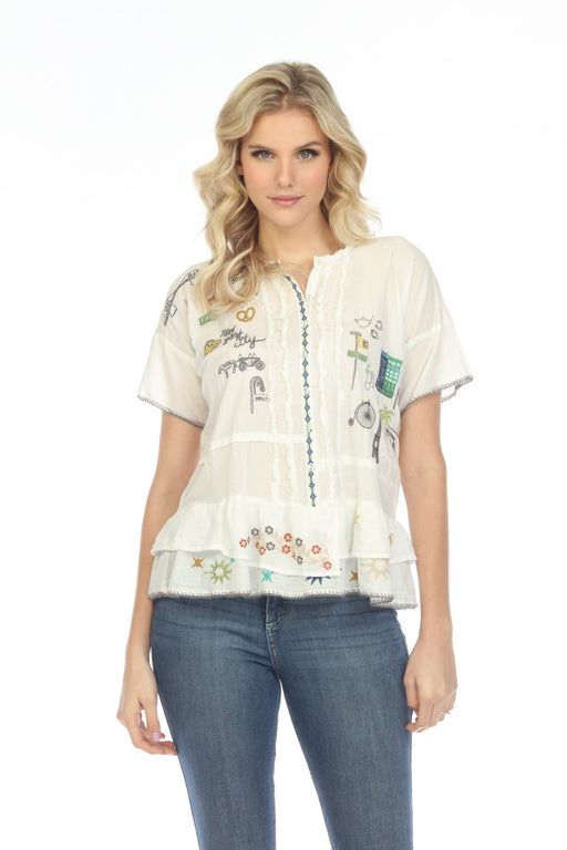 Johnny Was Biya Style B17122 Natural Voyage Embroidered Short Sleeve Blouse Chic