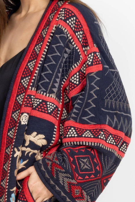 Johnny Was Biya Style B52823 Navy Rahi Open Front Embroidered Kimono Boho Chic