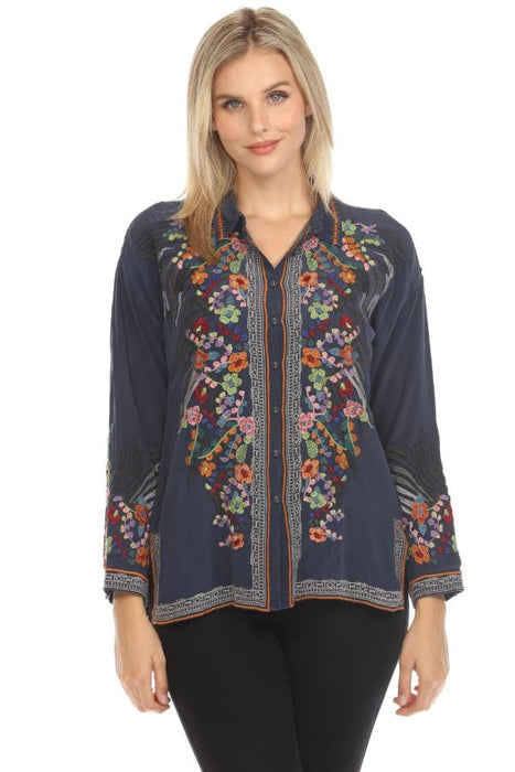 Johnny Was Biya Style B16724-E Navy The Audrey Oversized Silk Embroidered Blouse