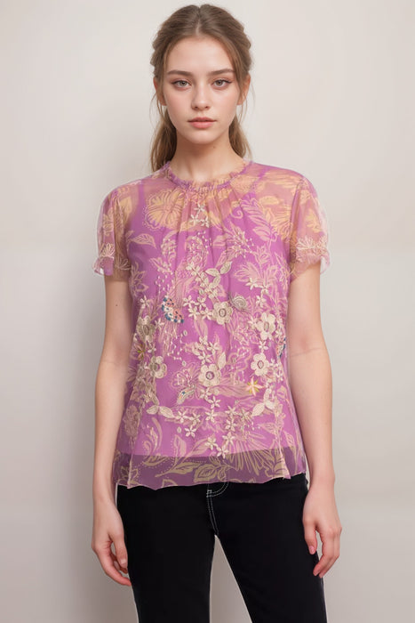 Johnny Was Biya Pink Noah Mazzy Ruffle Neck Blouse B17025-3