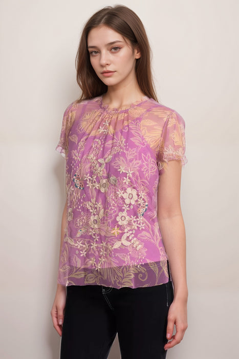 Johnny Was Biya Pink Noah Mazzy Ruffle Neck Blouse B17025-3