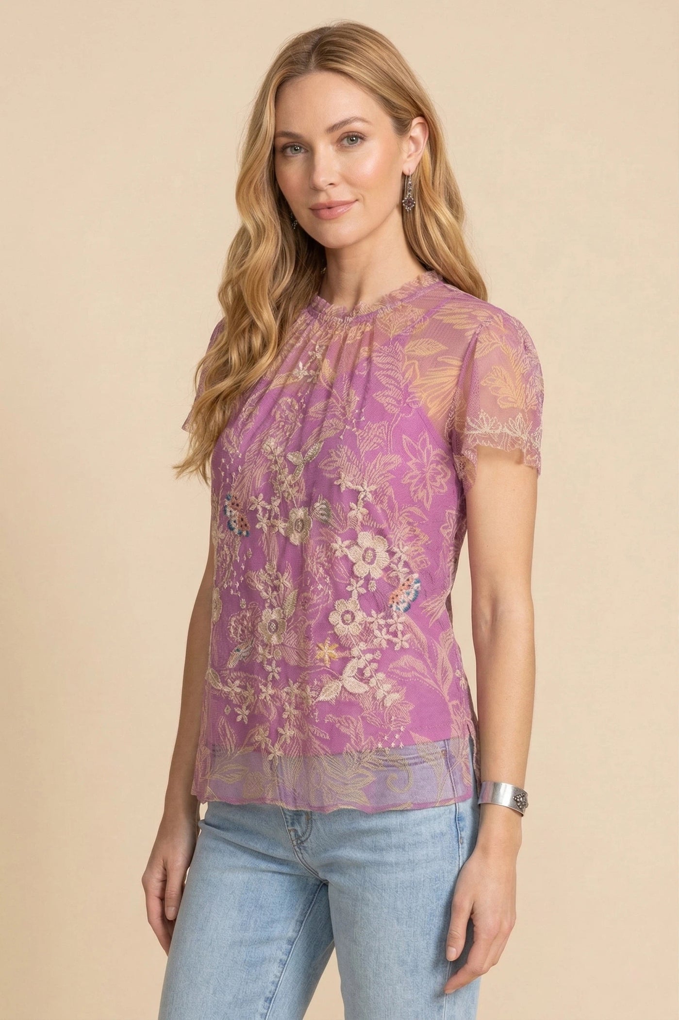 Pink Ruffle Neck Blouse Johnny Was Mazzy Ruffle Neck Blouse – Pink Floral Embroidered Women’s ...