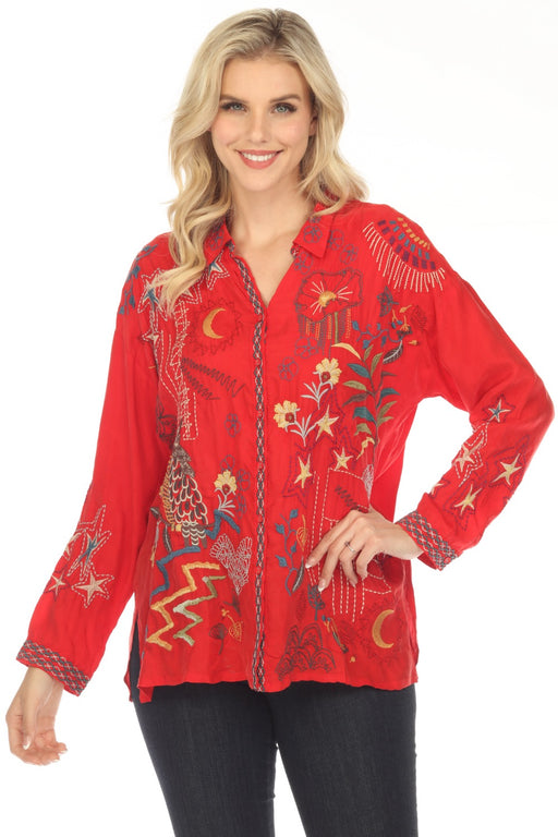 Johnny Was Biya Style B12523 Red Julez Embroidered Button Front Blouse Boho Chic