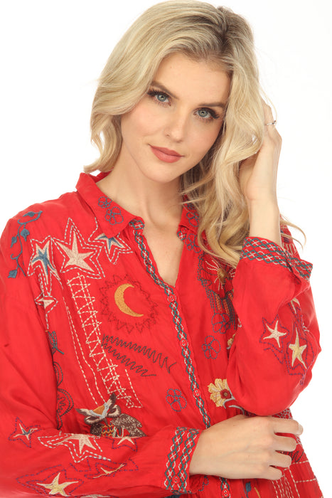 Johnny Was Biya Red Julez Embroidered Button Front Blouse Boho Chic B12523
