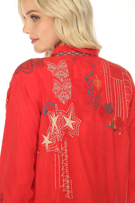 Johnny Was Biya Red Julez Embroidered Button Front Blouse Boho Chic B12523