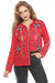 Woman wearing a red shirt with vibrant paisley embroideries, button down, and long sleeves
