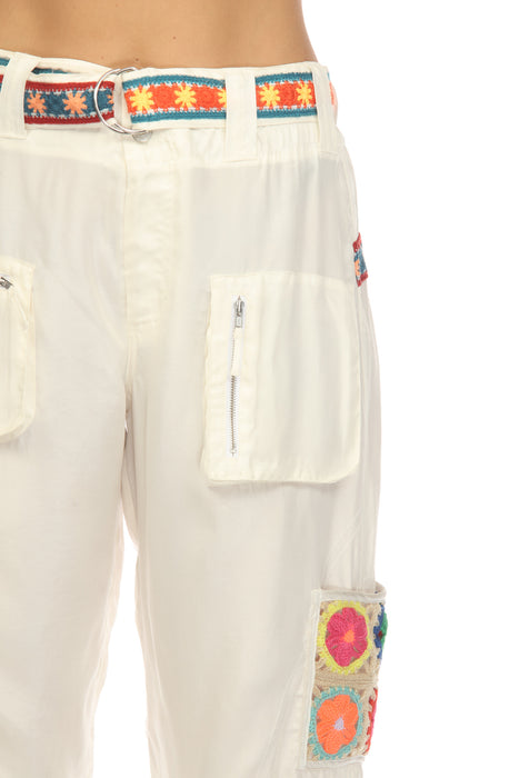 Johnny Was Biya White Pintora Crochet Belted Cargo Pants Boho Chic B66223
