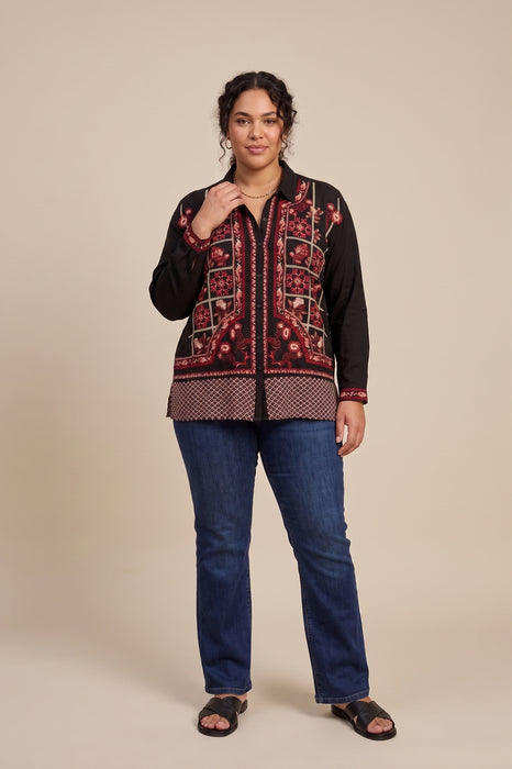 Johnny Was Black Alejo Slim Audrey Collared Shirt Plus Size C18325-OX