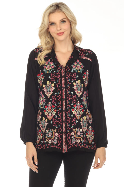 Johnny Was Style C18723 Black Bertha Embroidered Button Front Blouse