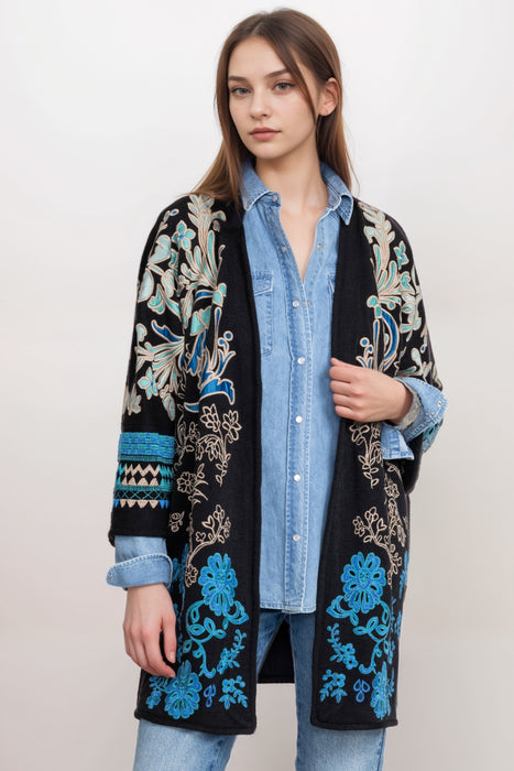 Johnny Was Biya Style B58325-R Black Embroidered Kimono