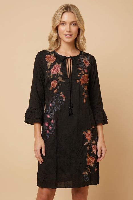 Johnny Was Black Embroidered Loretta Ruffle Sleeve Dress W38725-0