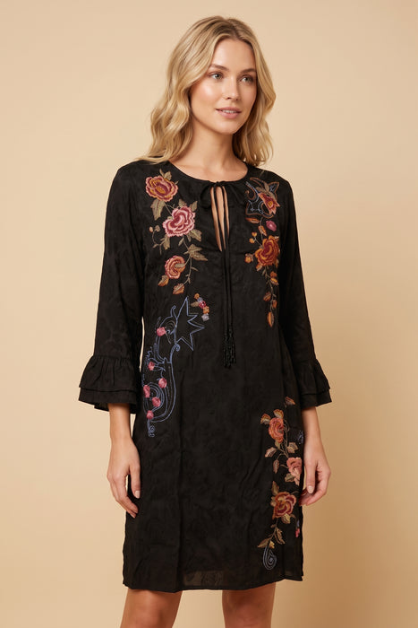 Johnny Was Black Embroidered Loretta Ruffle Sleeve Dress W38725-0